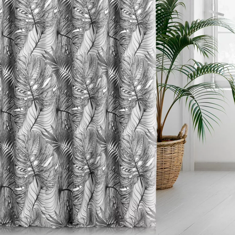 Zasłona szyta na taśmie fala biało czarna z tkaniny o naturalnym splocie z botanicznym wzorem