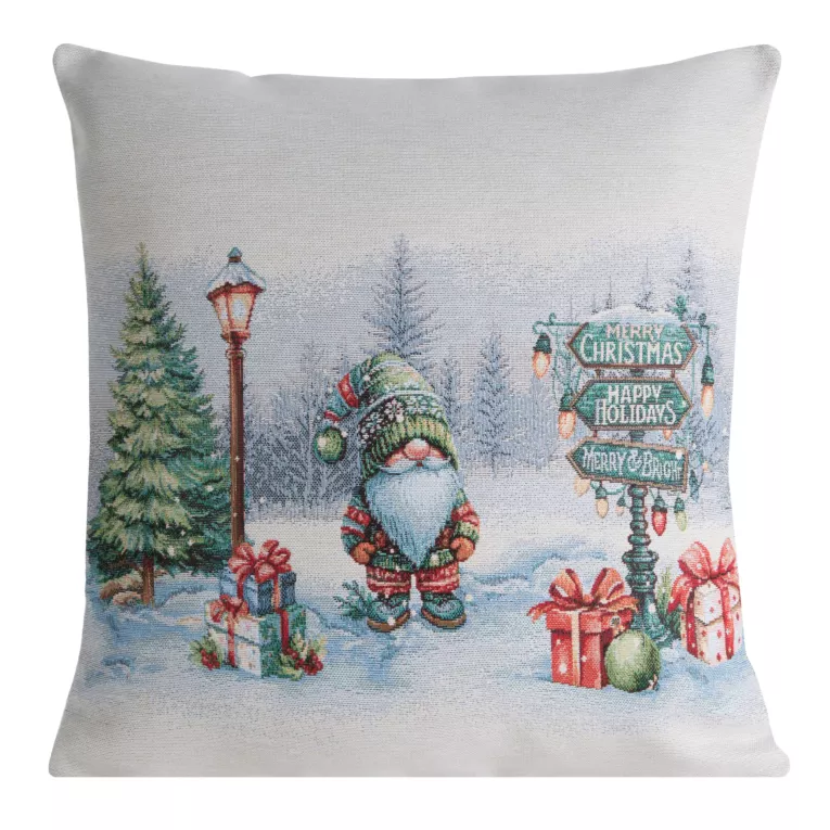 Poszewka na poduszkę 45x45 cm gobelinowa świąteczna zdobiona zimową scenerią naturalno, czerwona XMAS Eurofirany