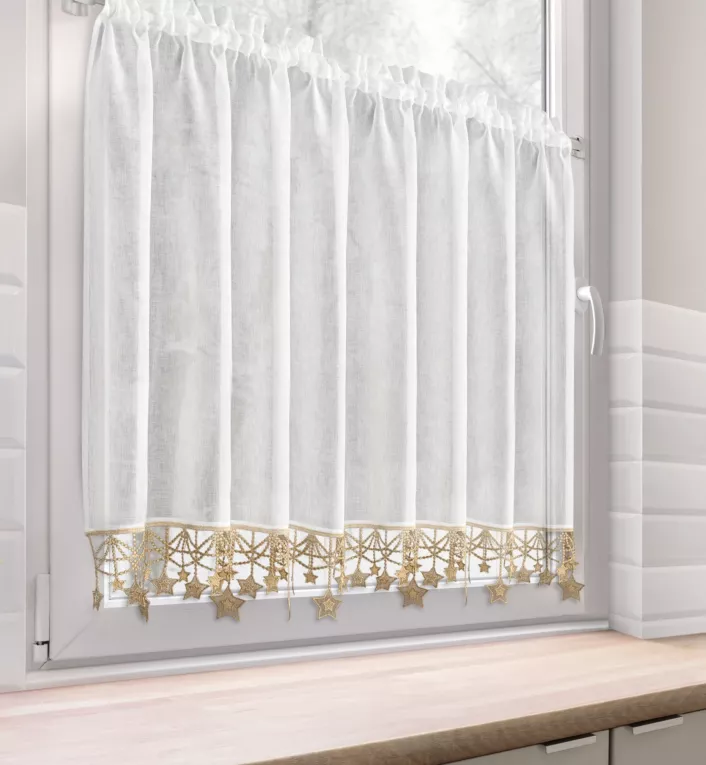 Zazdrostka świąteczna biało, złota z etaminy zdobiona luźno zwisającymi gwiazdkami 150x90 cm tunel - XMAS Eurofirany