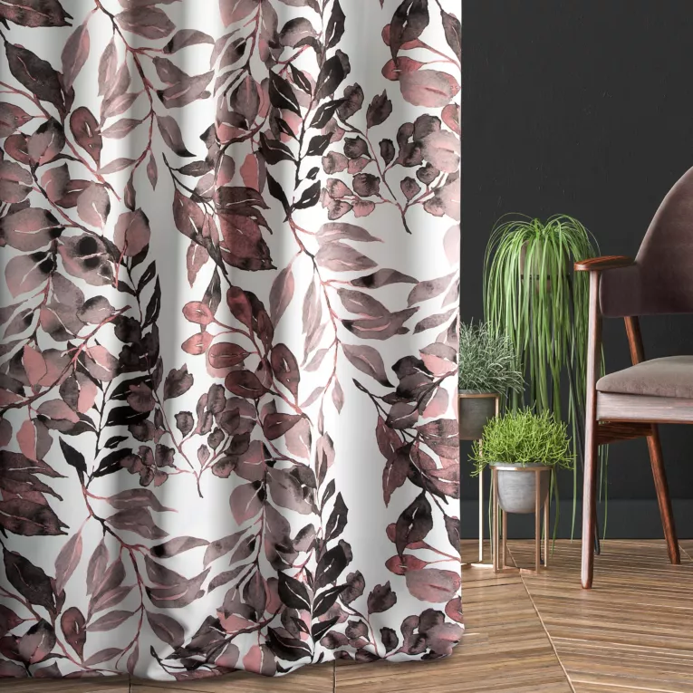 Zasłona szyta na flexach OTTAVIO biało ciemnoróżowa z miękkiej tkaniny typu blackout drukowanej w cieniowany wzór roślinny