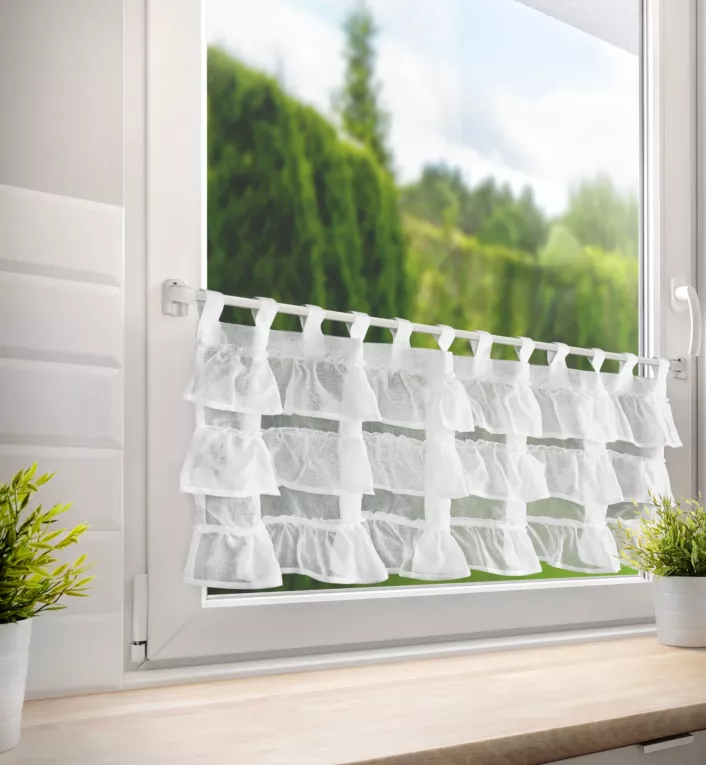 Zazdrostka biała z etaminy zdobiona falbankami 150x45 cm szelki LILIA Eurofirany