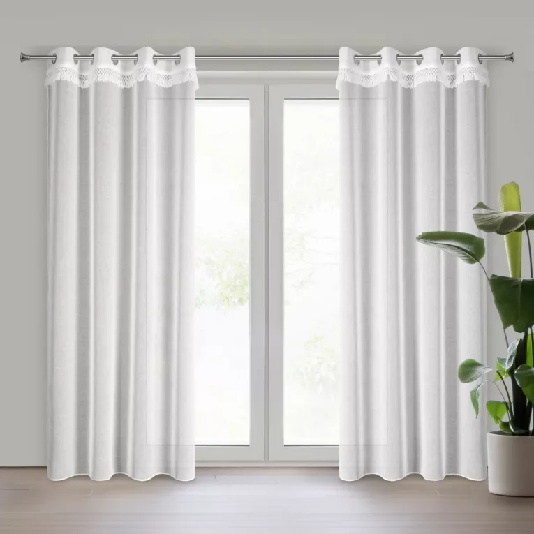 Firana biała z etaminy zdobiona subtelnym pasem frędzli w stylu eko 140x250 cm przelotka KIRA 1 Eurofirany