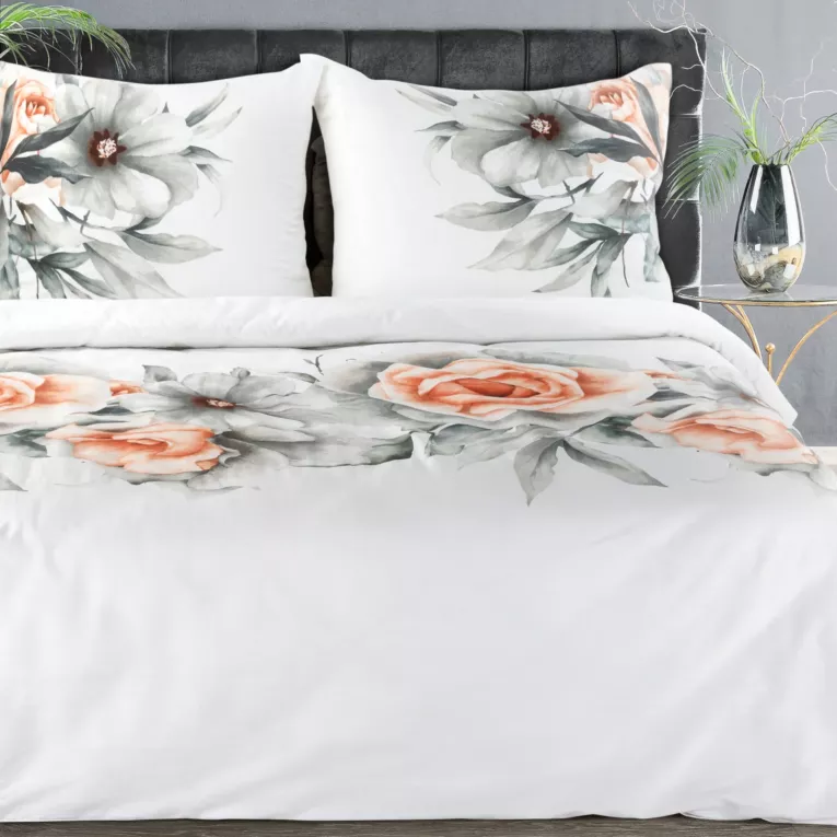 Pościel 160x200 cm bawełniana kolor biały, jasnopomarańczowy zdobiona nadrukiem kwiatów DIVA Eurofirany