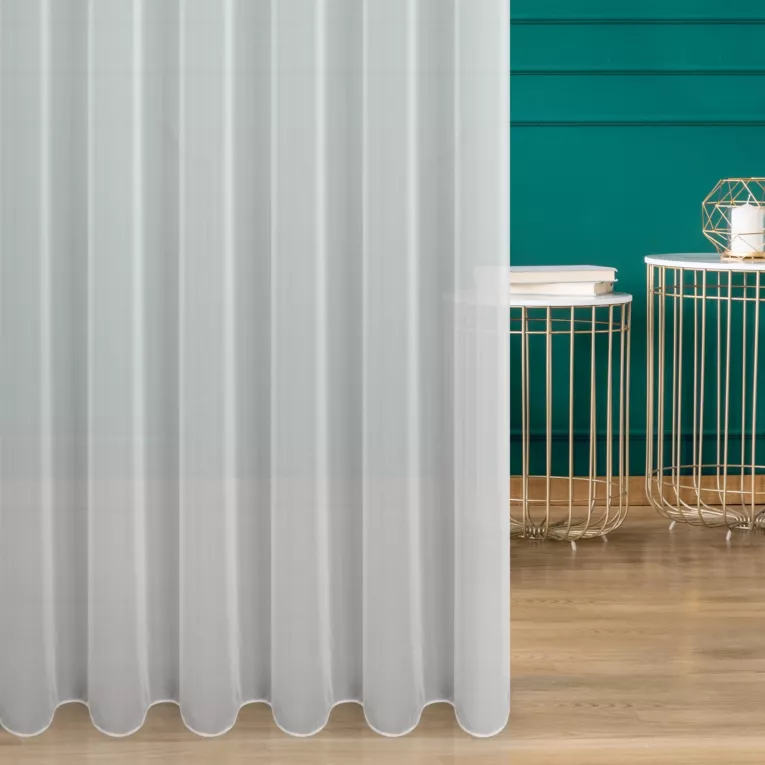 Firana szyta na taśmie 5 cm biała z półprzezroczystej, matowej tkaniny w prążki o niestandardowej wysokości 360cm, wykończona obciążnikiem