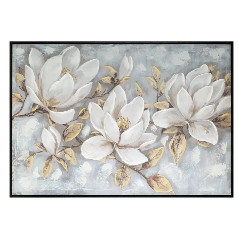 Obraz kremowo, beżowy ręcznie malowane magnolie na płótnie z błyszczącymi akcentami 70x140 cm Eurofirany
