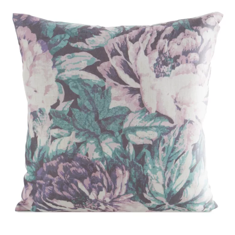 Poszewka na poduszke 45x45 cm o strukturze lnu nadrukiem subtelnych kwiatów pudrowo, turkusowa LEN Eurofirany