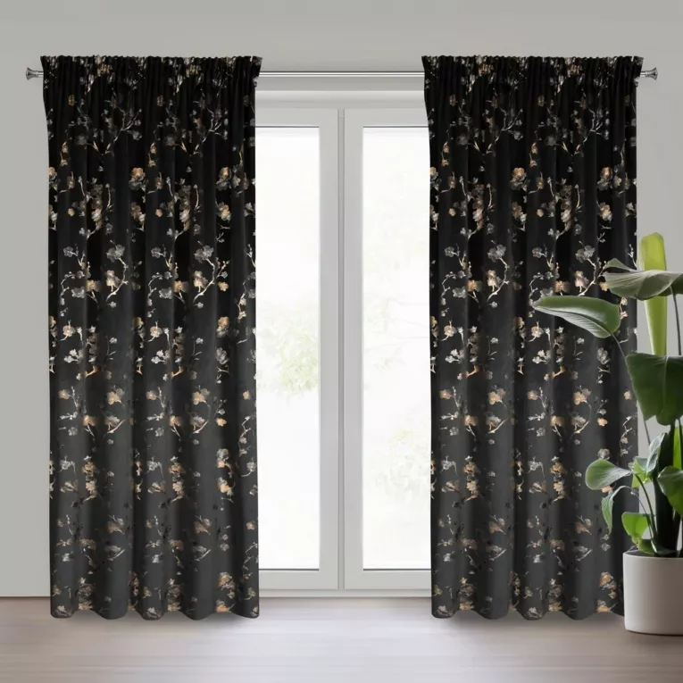 Zasłona czarno, szampańska z błyszczącym nadrukiem kwiatu jabłoni, welwetowa 140x270 cm taśma SELENA Eurofirany