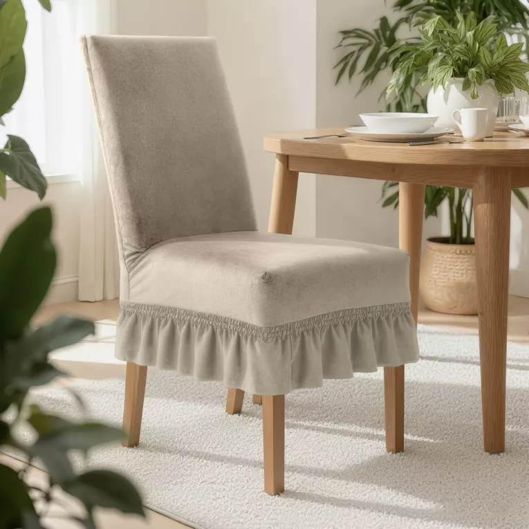 Pokrowiec na krzesło beżowy wodoodporny z ozdobną falbanką  Design 91  Euroifrany