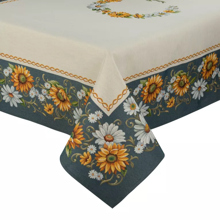 Obrus ciemnoniebiesko, pomarańczowy 140x180 cm gobelinowy z motywem słoneczników