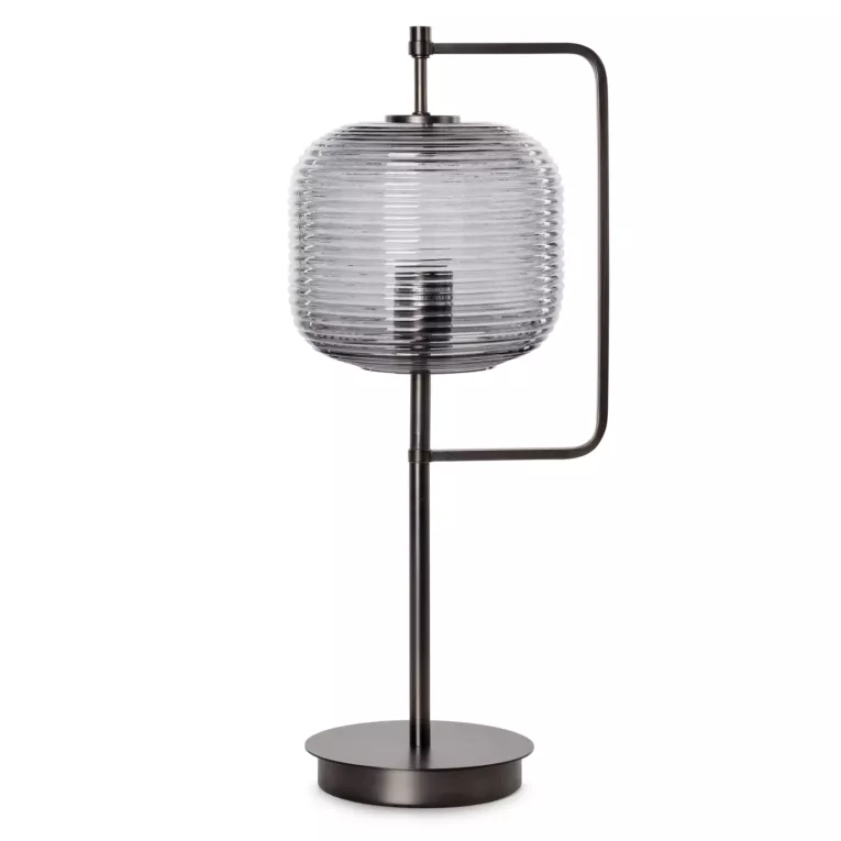 Lampa stołowa nocna grafitowa ARON nowoczesna ze szklanym tłoczonym abażurem Eurofirany