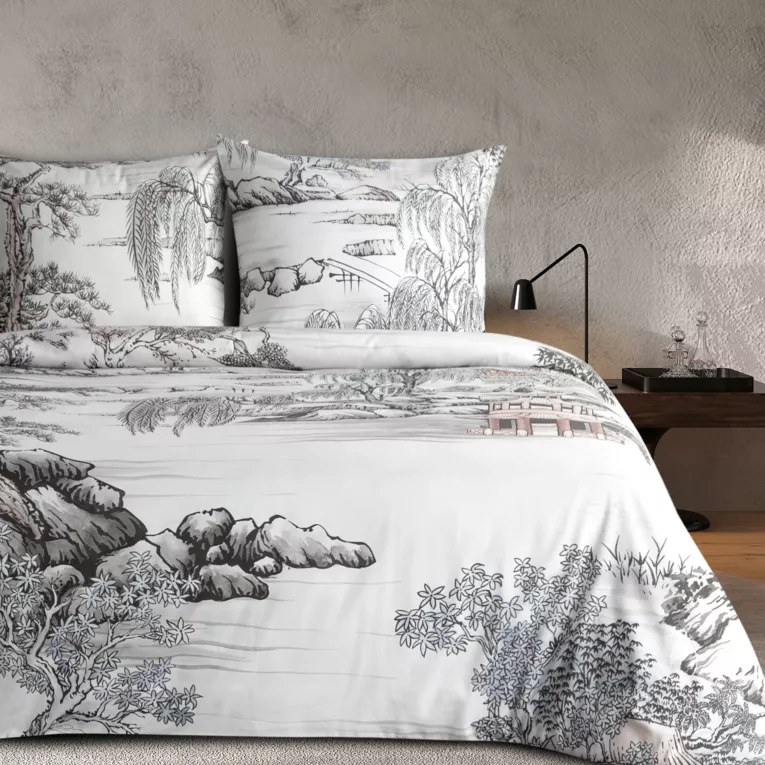 Pościel 160x200 cm z makosatyny bawełnianej kolor biały, stalowy z designerskim nadrukiem ORIANA Eva Minge Eurofirany