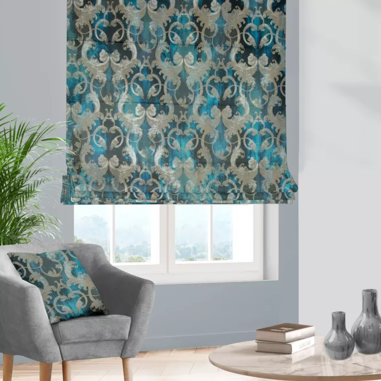 Roleta rzymska ciemnoturkusowo srebrna z miękkiej tkaniny w elegancki ornamentowy wzór