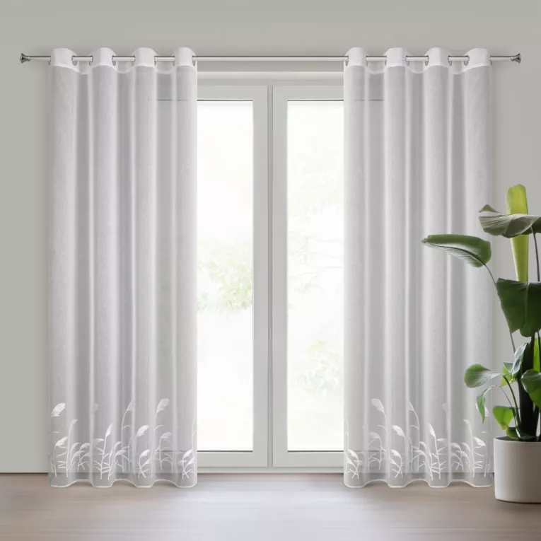 Firana biała z etaminy zdobiona haftem w źdźbła ozdobnej trawy 140x250 cm przelotka - TASHA Eurofirany