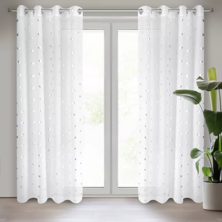 Firana biało, srebrzysta z nadrukowanymi serc 140x250 cm przelotka BENAY Eurofirany