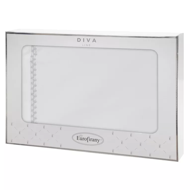 MELI BIAŁY OKRĄGŁY OBRUS ZDOBIONY LAMÓWKĄ ZE SREBRNYM AKCENTEM 150 cm EUROFIRANY