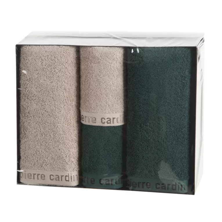 Zestaw ręczników bawełnianych na prezent 2 szt 30x50 cm, 2 szt 50x90 cm kolor ciemnobeżowy, ciemnozielony z kolekcji Pierre Cardin Eurofirany