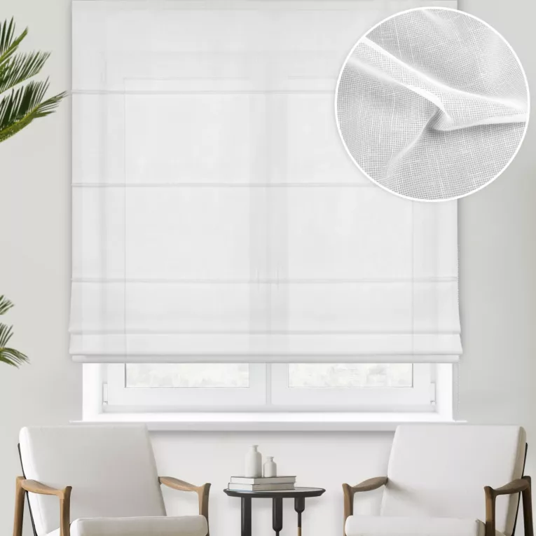 Roleta rzymska biała z efektem deszczyku, wykończona obciążnikiem