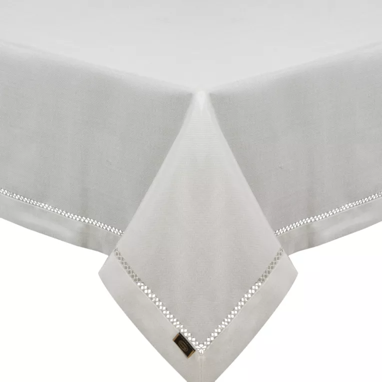 Obrus biały 145x300 cm EMILY z ozdobną listwą i mereżką