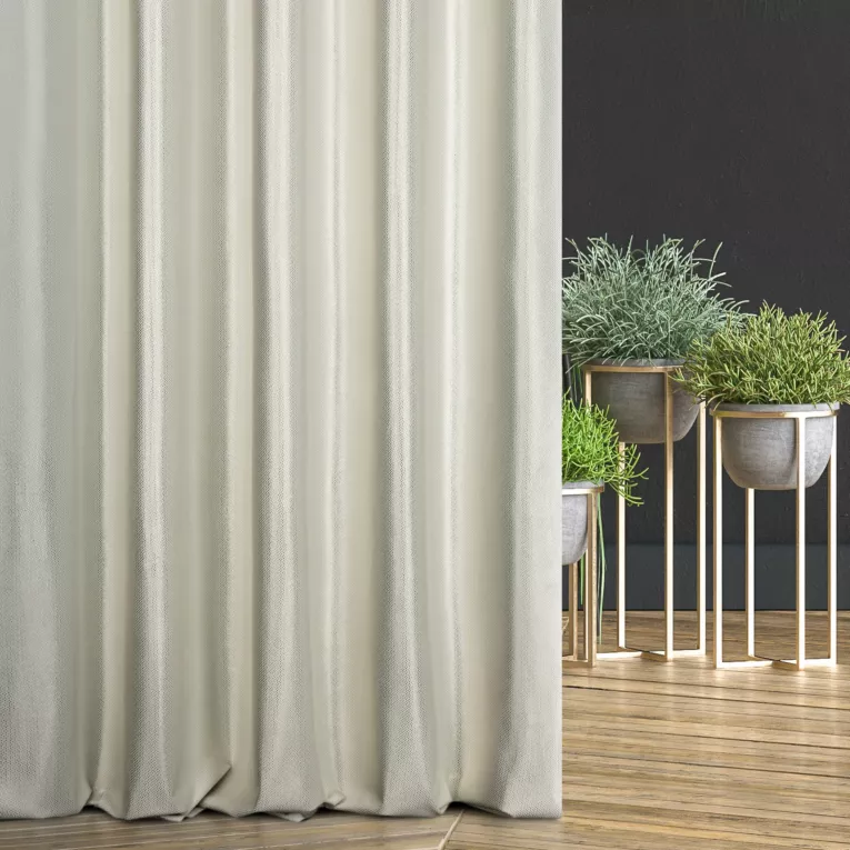 Zasłona szyta na flexach kremowo złota z miękkiej tkaniny welwetowej z drobnym błyszczącym nadrukiem