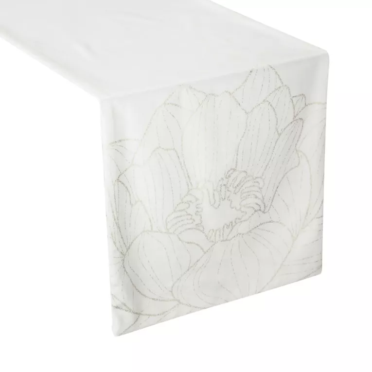 Bieżnik na stół biało, złocisty 35x180 cm welwetowy BLINK 13 z dużym wzorem lilii wodnej