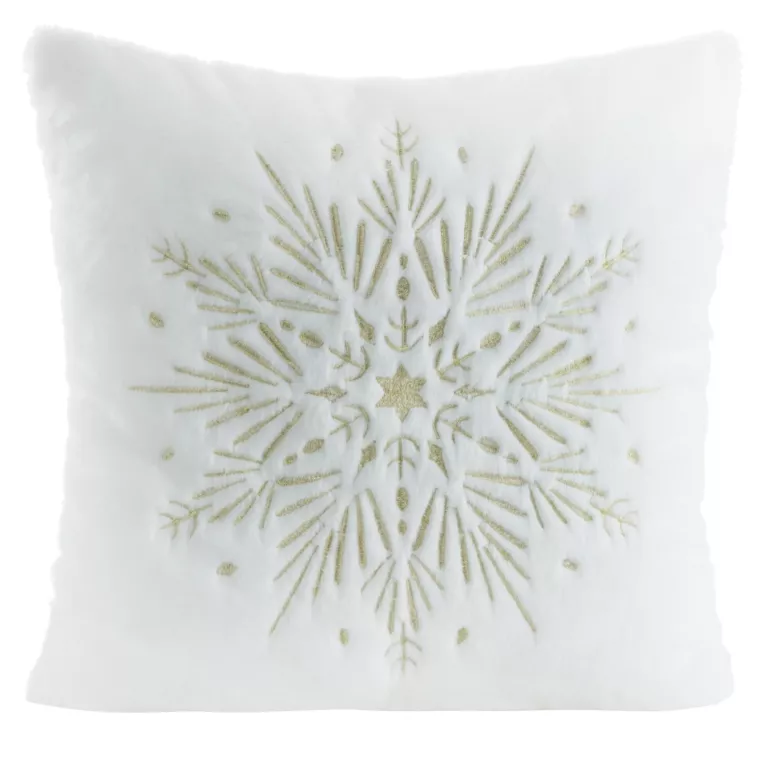 Poszewka na poduszkę świąteczna 45x45 cm biało, szampańska z przyjemnego futerka zdobiona haftem śnieżynki  Eurofirany