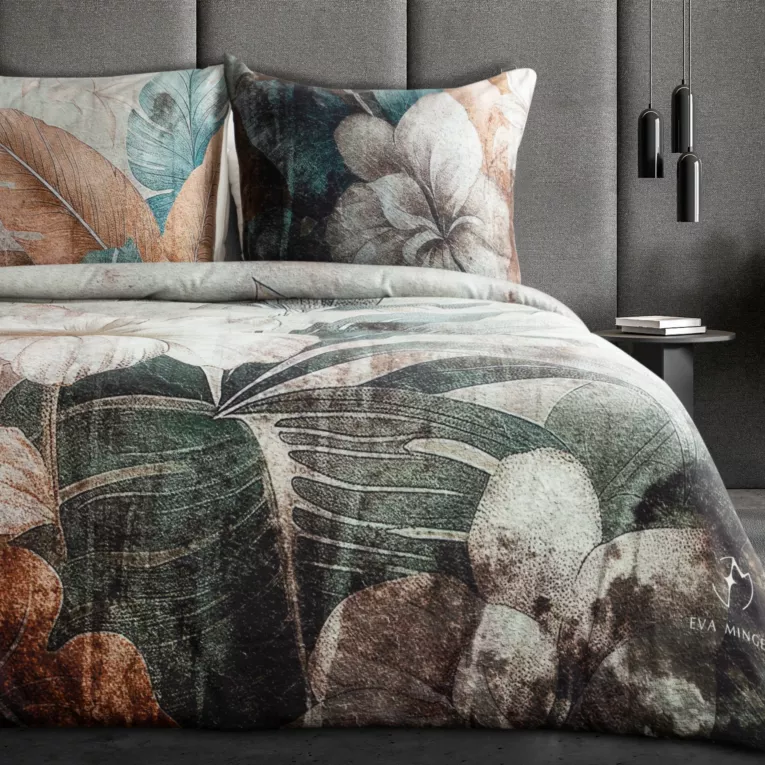 Pościel 220x200 cm z makosatyny bawełnianej kolor jasnoszary, zielony z wzorem designerskim SERENA Eva Minge Eurofirany
