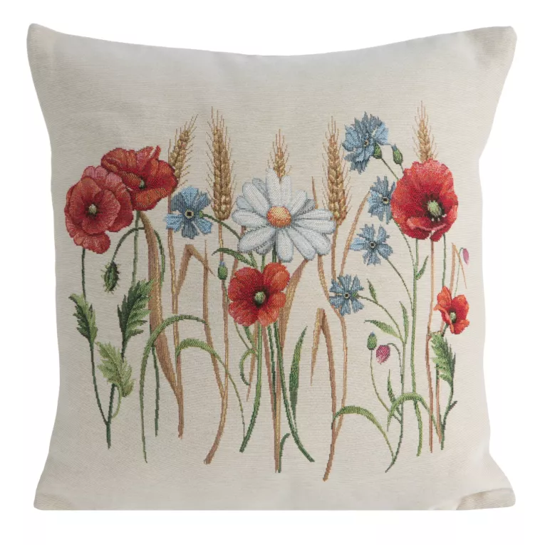 Poszewka na poduszkę 45x45 cm bawełniana, gobelinowa z kwiatowym motywem naturalno, czerwona GOB Eurofirany