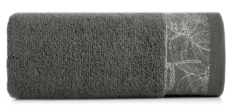 Ręcznik kąpielowy 50x90 cm bawełniany kolor stalowy,srebrny z żakardową bordiurą w liście 400 g/m2 AGIS Eurofirany