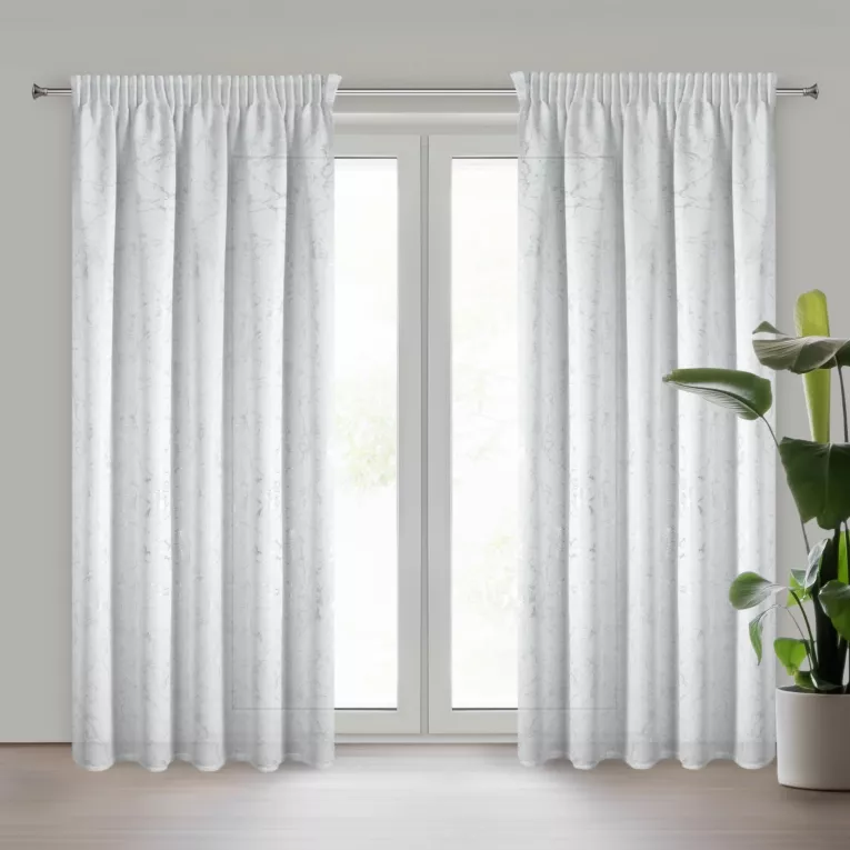 Zasłona biało, srebrna z nadrukiem marmurku o naturalnym splocie 140x270 cm taśma - MARLENE Eurofirany