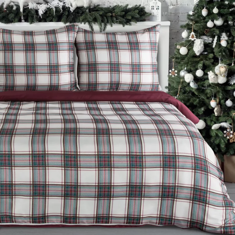 Pościel świąteczna 140x200 cm kolor biały, bordowy z nadrukiem kraty AARON Eurofirany