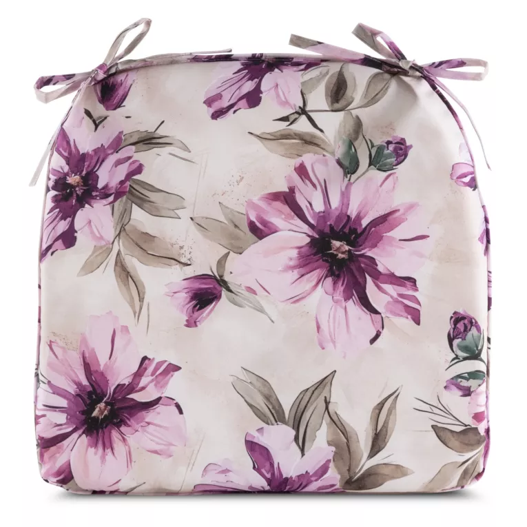 Poduszka na krzesło 38 x 40 x 4 cm wodoodporna kremowo, różowa zdobione roślinnym wzorem GARDEN Eurofirany