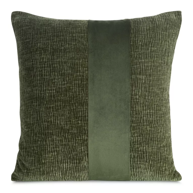 Poszewka na poduszkę 45x45 cm oliwkowa szenilowa zdobiona pionowym pasem z welwetu CARLA 01 Eurofirany