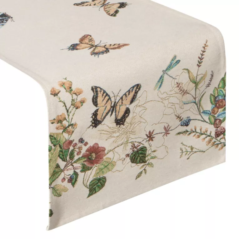 Bieżnik na stół naturalno, czerwony 40x100 cm gobelinowy z nadrukiem letnich kwiatów z motylami