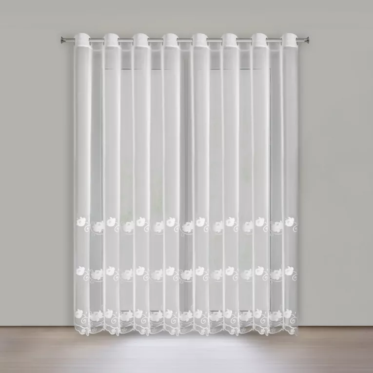 Firana biała z drobnej siateczki zdobiona subtelnym haftem 350x250 cm przelotki - LETI Eurofirany