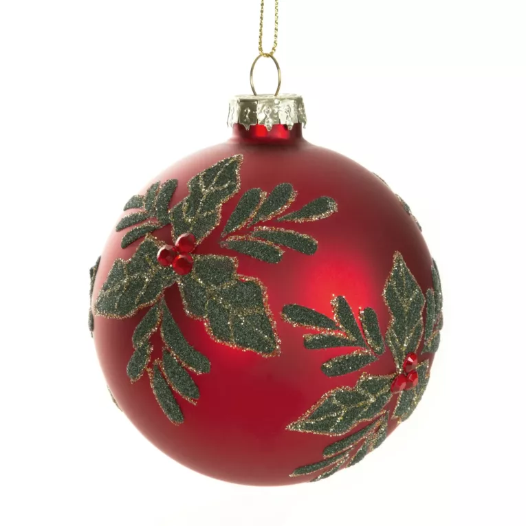 Czerwona szklana bombka choinkowa zdobiona gałązką ostrokrzewu 8 cm Eurofirany