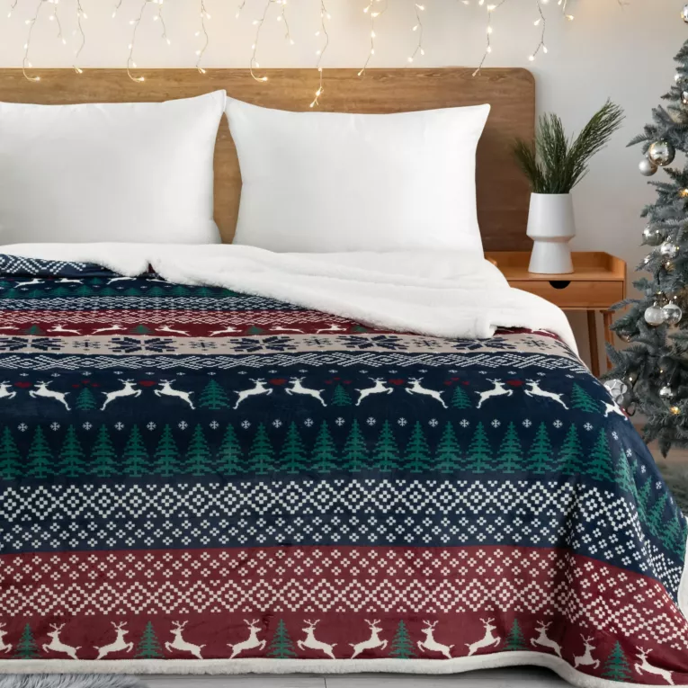 Koc dwustronny świąteczny 150x200 cm granatowo, bordowy z nadrukiem w stylu norweskim Eurofirany