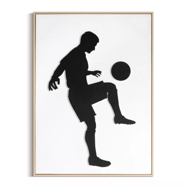 Obraz kremowo, czarny ręcznie malowany na płótnie z motywem piłkarza oprawiony w ramę 52x72 cm Eurofirany