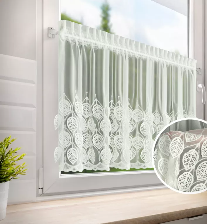 Zazdrostka kremowa z drobnej siateczki zdobiona ażurowym haftem 70x150 cm taśma - NIRA Eurofirany