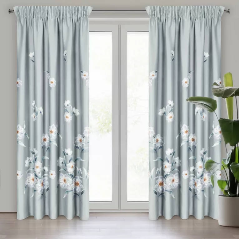 Zasłona srebrno, różowa zdobiona trójwymiarowym kwiatowym nadrukiem zaciemniająca 140x270 cm taśma NILA Eurofirany