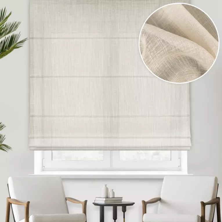 Roleta rzymska kremowa z delikatnej w dotyku etaminy w stylu eko z efektem kreszowania, wykończona obciążnikiem