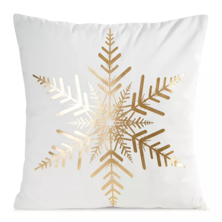 Poszewka na poduszkę 45x45 cm welwetowa zdobiona śnieżynkami biało, szampańska JOY Eurofirany