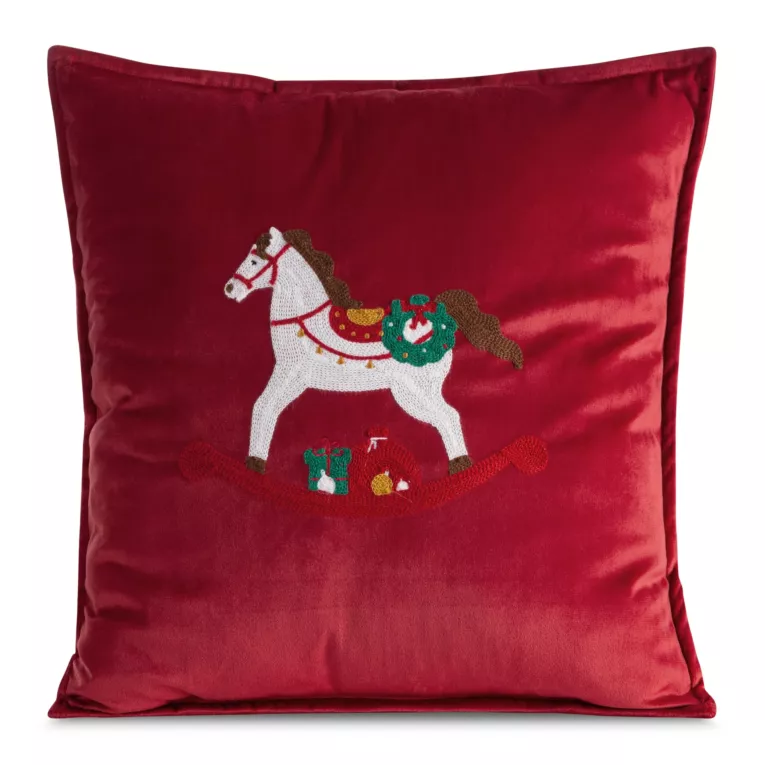 Poszewka na poduszkę 45x45 cm welwetowa z haftem z konikiem na biegunach czerwona Eurofirany