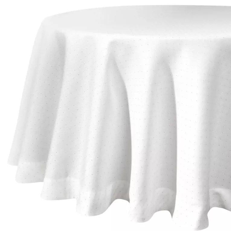 Obrus okrągły biały średnica 150 cm ELLEN zdobiony srebrną błyszczącą nicią z elegancką listwą