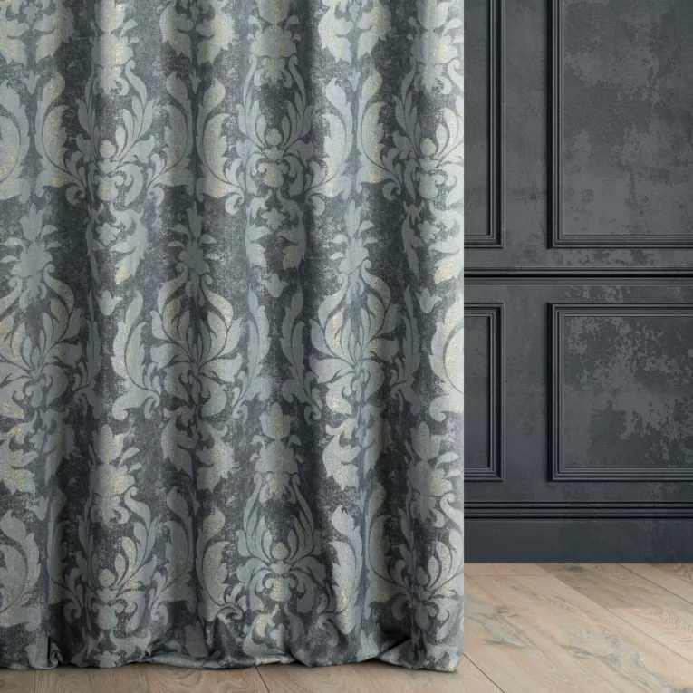 Zasłona szyta na taśmie fala niebiesko złota z miękkiej tkaniny w ornamentowy wzór