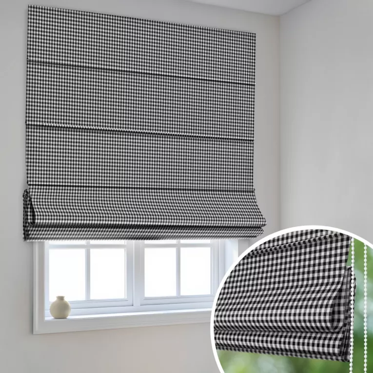 Roleta rzymska czarno biała z delikatnej tkaniny w kratkę
