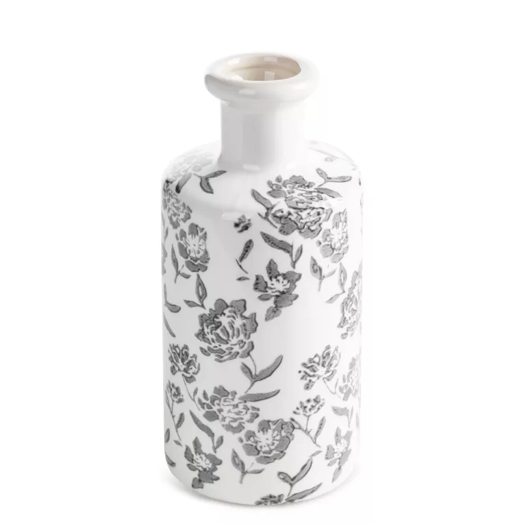 Wazon dekoracyjny biało, granatowa zdobiony roślinnym motywem 11x25 cm VIVIAN Eurofirany