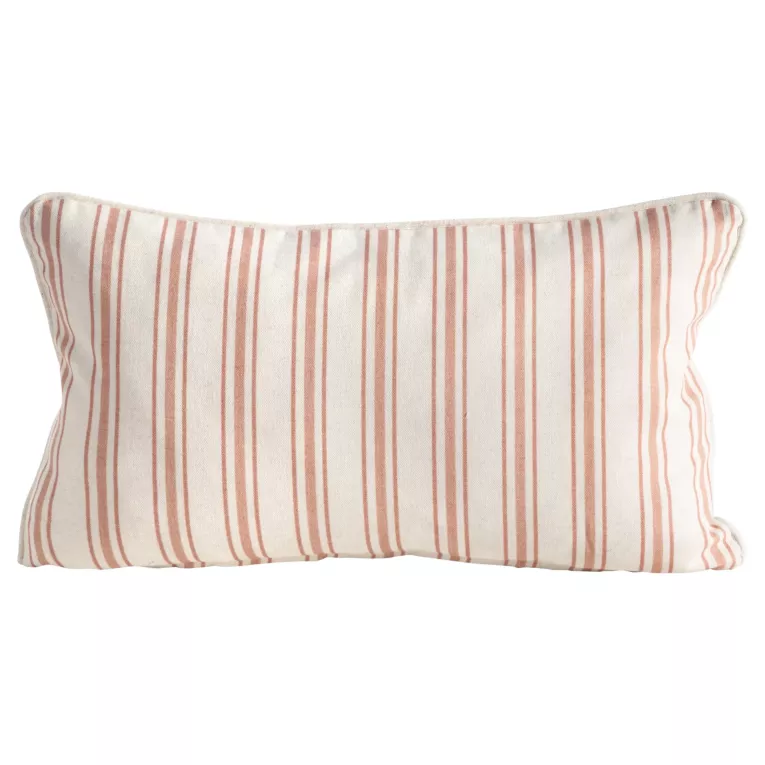 Poszewka na poduszkę 30x50 cm bawełniana z dodatkiem lnu ciemnobeżowo, kremowa zdobiona subtelnym nadrukiem pasów  LEN Eurofirany