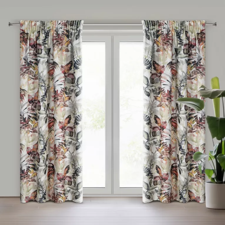 Zasłona biało, stalowa w liście z tkaniny welwetowej 140x270 cm taśma ADELINE Eurofirany