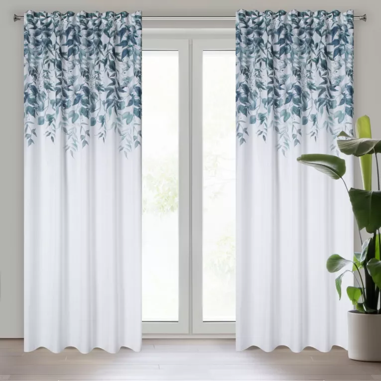 Zasłona biało, zielona z motywem roślinnym 140x270 cm taśma/szelki LORENA Eurofirany