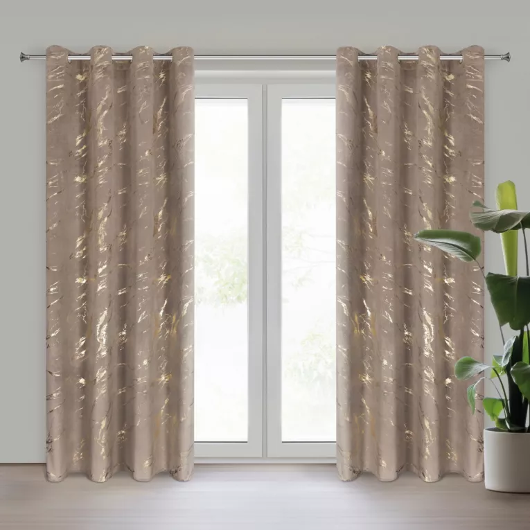 Zasłona brązowo, złota z błyszczącym nadrukiem z welwetu, złote przelotki 140x250 cm MOLLY Eurofirany